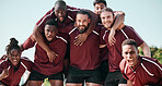Excited, portrait and rugby team in celebration at field outdoor for training, exercise goal and competition. Fitness, group and men screaming for winning game, success in match and sport achievement