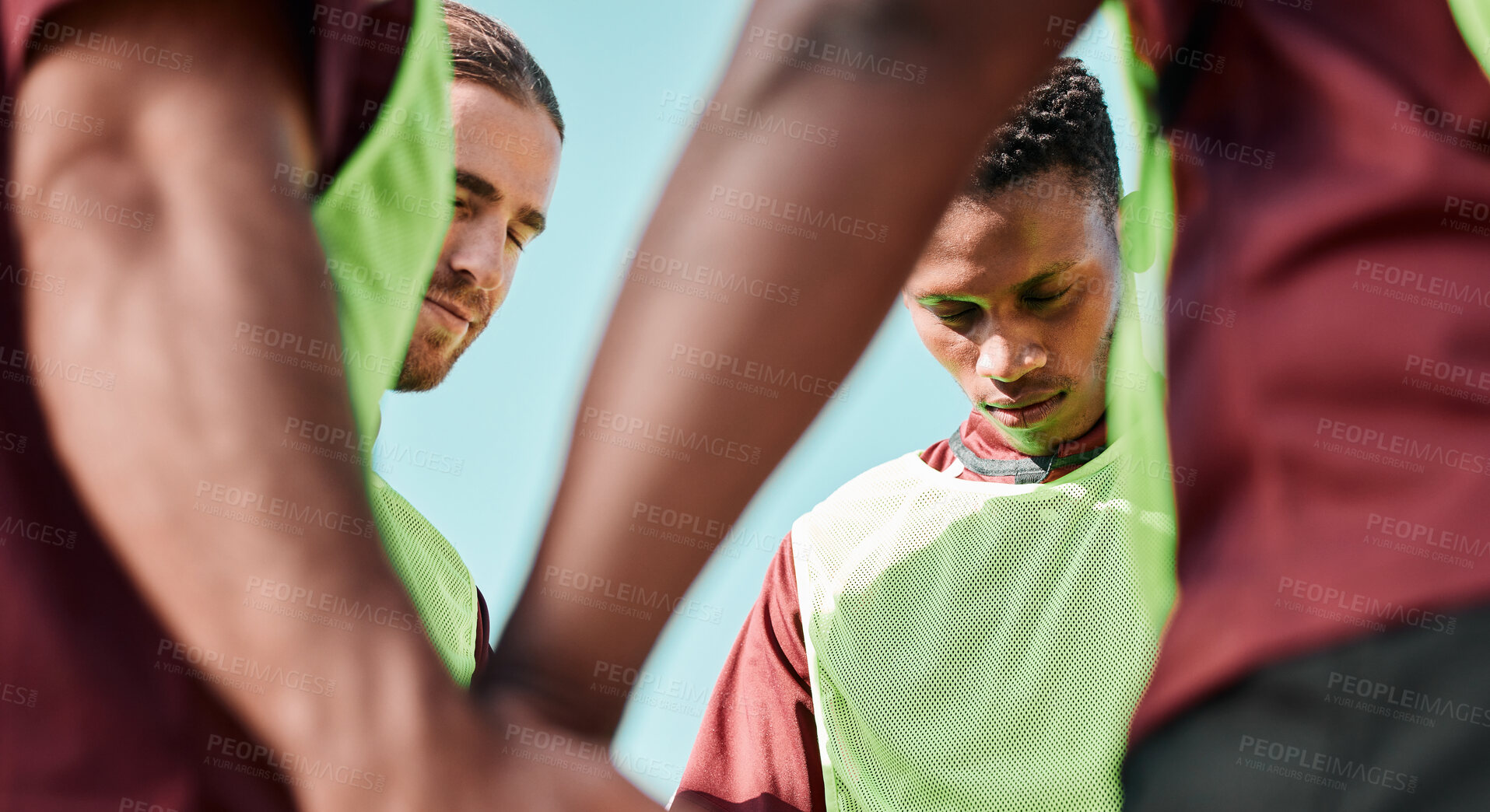 Buy stock photo Team, players and praying for match in sports with hands, together and unity for support, help or win. Diverse group, people or friends with determination for game, competition or goal for victory