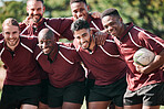 Portrait, men and rugby with smile while standing, together and happiness for victory. Team, young and boys for sports for bonding with exercise, fitness or winning of game, tournament or practice 