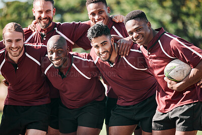 Buy stock photo Portrait, men and rugby with smile while standing, together and happiness for victory. Team, young and boys for sports for bonding with exercise, fitness or winning of game, tournament or practice 