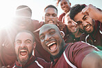 Football team, portrait and victory on sports field with happiness, pride and final competition. Men, diversity and american sport with collaboration in teamwork, lens flare and champion close up