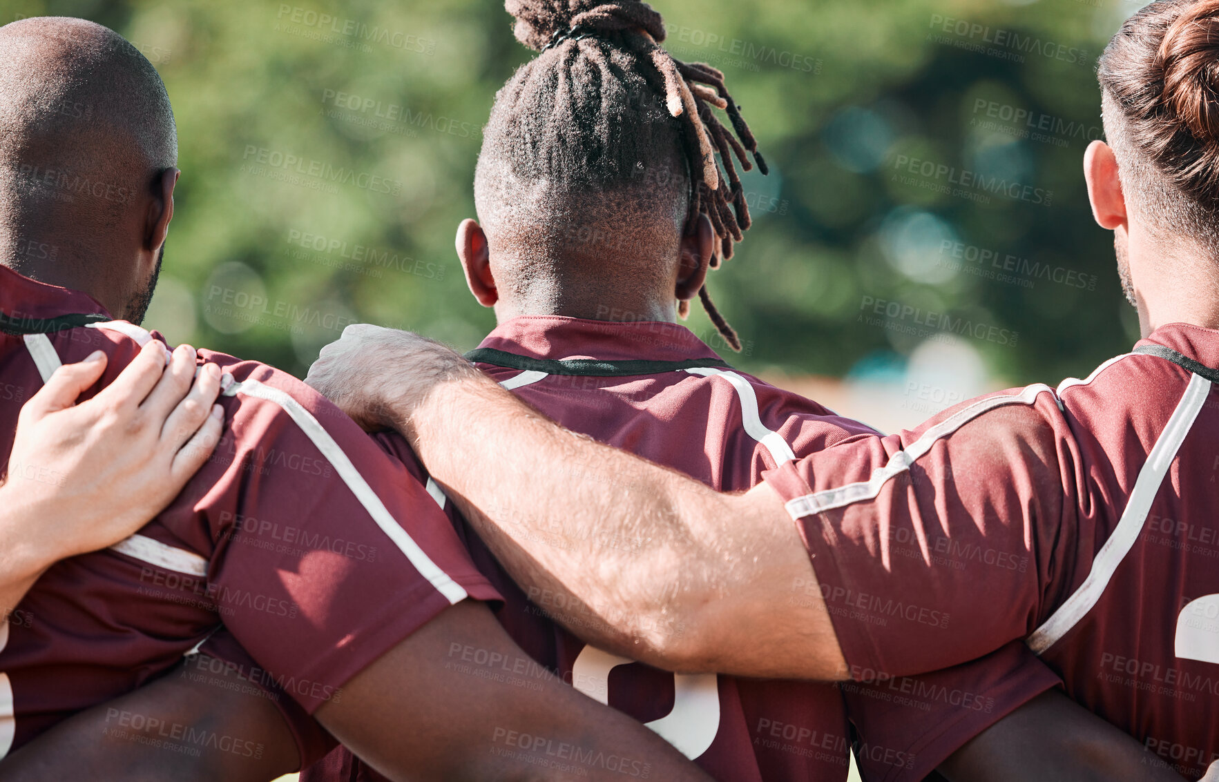 Buy stock photo Rugby team, back and men huddle for support, collaboration or cooperation. Sports, group hug together and rear view for solidarity, hands of community and trust in game, competition or training match