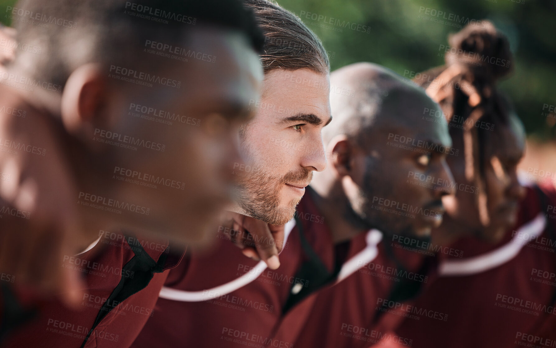 Buy stock photo Huddle, rugby and men with commitment, game and fitness with workout, training and competitive. People, players and guy on a field, teamwork and exercise with breathing, match and scrum with support