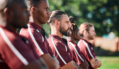 Buy stock photo Sport, men or team with crossed arms on field for collaboration or performance after game or match. Rugby, group and people outdoor in nature for fitness, training or exercise with teamwork or pride 
