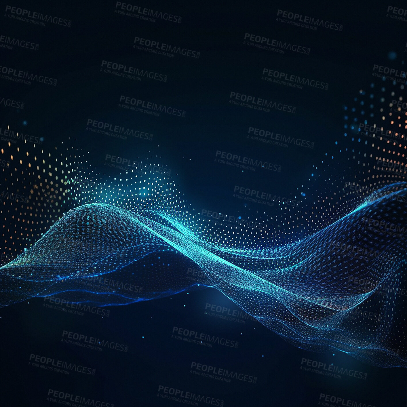 Buy stock photo Technology, wave and connectivity matrix on black background with pattern, texture and futuristic info mockup. Fractal data grid, cyber infrastructure and digital network web cloud on dark background