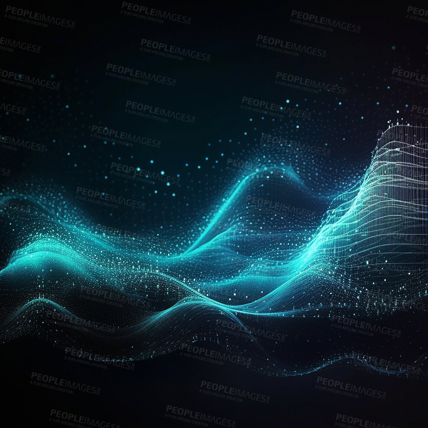 Buy stock photo Technology, waves and data on black wallpaper with pattern, texture and futuristic info grid. Fractal matrix cloud, cyber analytics and network connectivity on dark background with web infrastructure