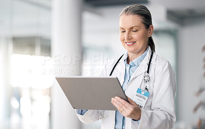 Buy stock photo Senior woman, doctor and tablet with hospital, healthcare and wellness data in a clinic. Technology, online results and research and medical professional working and planning on the internet at job