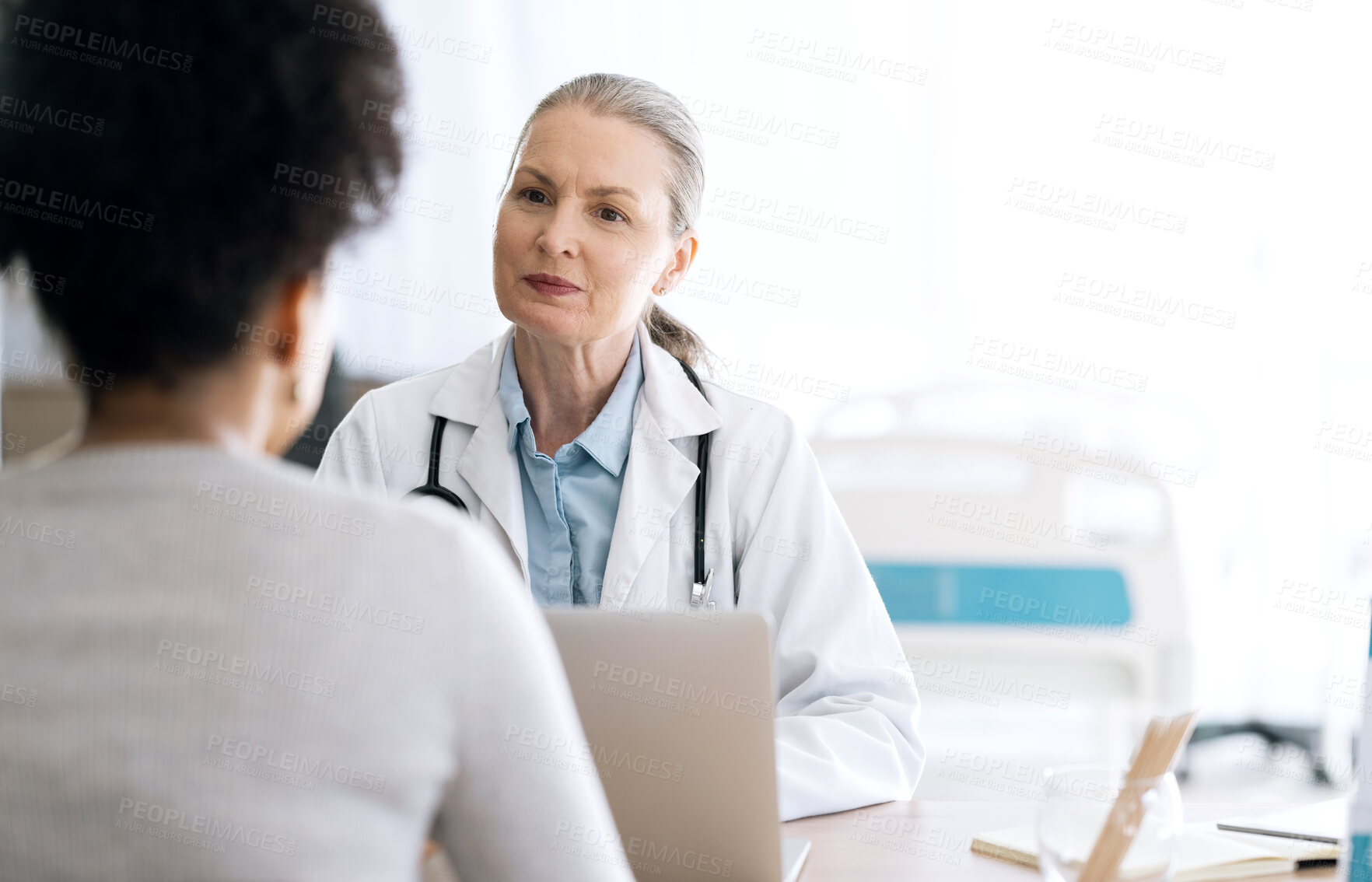 Buy stock photo Woman doctor, medical consultation and computer at hospital with patient discussion and surgery info. Wellness advice, technology and mature professional with healthcare, consulting and talking