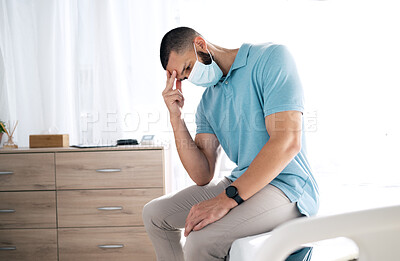 Buy stock photo Stress, depression and sad man in face mask, sick and tired of financial crisis in home. Fail challenge, anxiety and person with fatigue, burnout and thinking of bankruptcy, debt mistake and headache