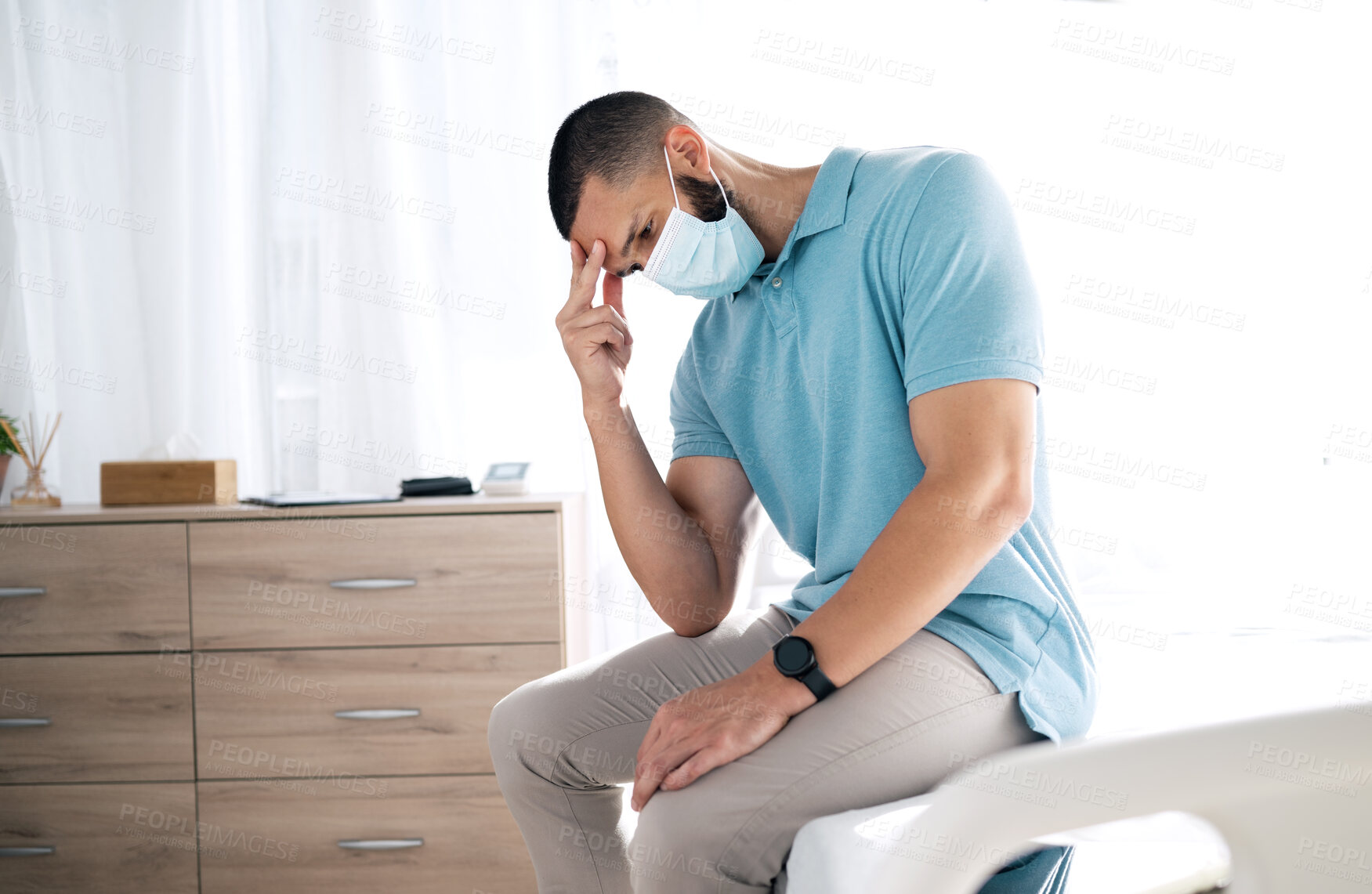 Buy stock photo Stress, depression and sad man in face mask, sick and tired of financial crisis in home. Fail challenge, anxiety and person with fatigue, burnout and thinking of bankruptcy, debt mistake and headache