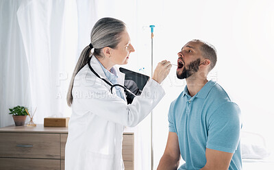 Buy stock photo Mouth swab, medical people and doctor check up, oral exam or help patient with clinic, virus or flu sample. Health care appointment, wellness and medicine expert, surgeon or nurse support sick client