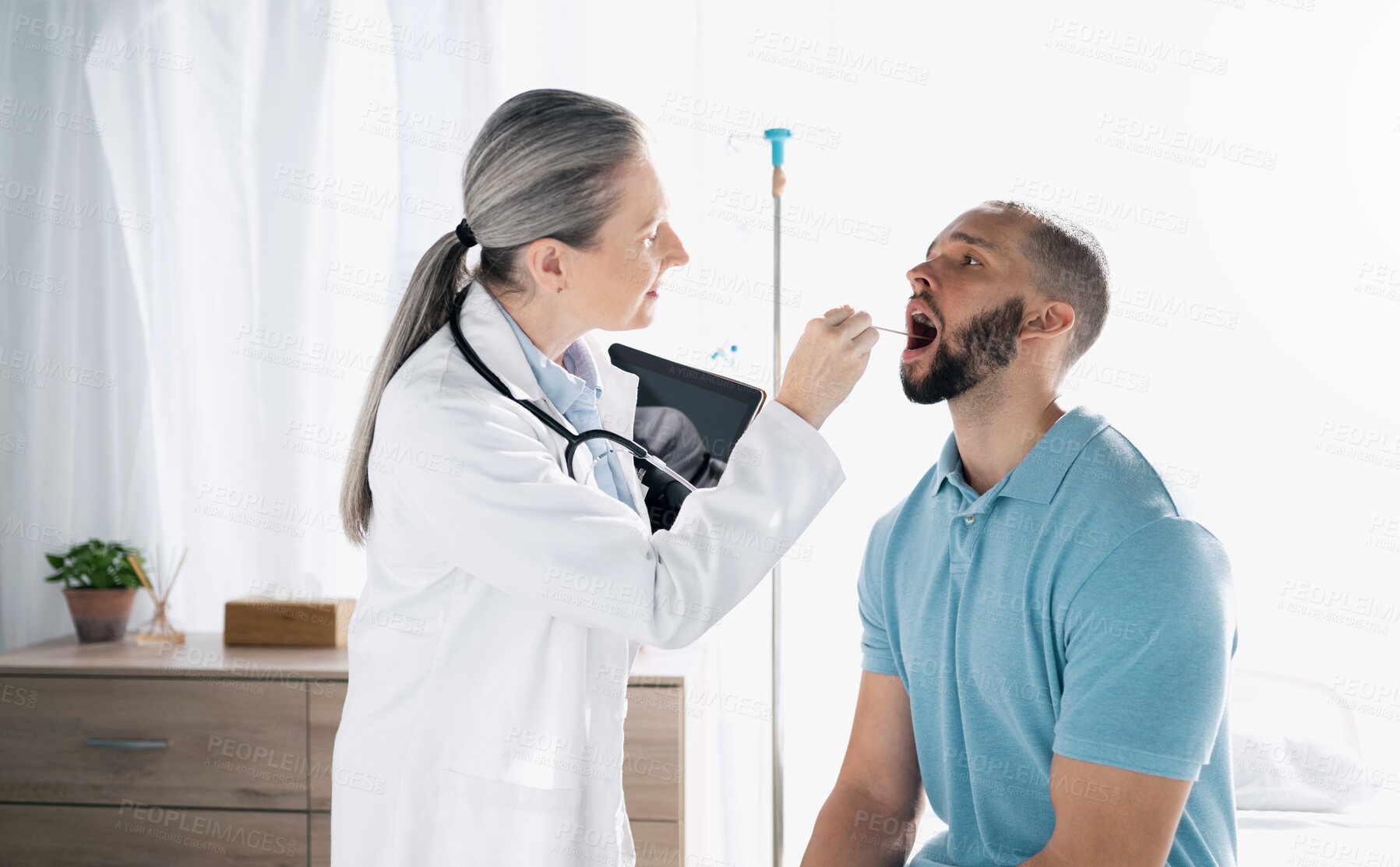 Buy stock photo Mouth swab, medical people and doctor check up, oral exam or help patient with clinic, virus or flu sample. Health care appointment, wellness and medicine expert, surgeon or nurse support sick client