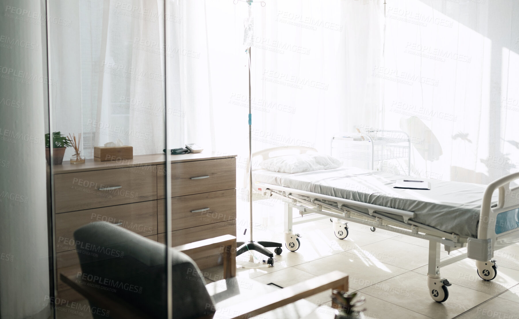 Buy stock photo Empty room in hospital, health insurance and medical support in rehabilitation, healing or recovery. Emergency, surgery and bed in clinic for patient treatment, nursing or bedroom for healthcare plan