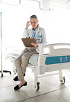 Healthcare, woman and thinking with clipboard at clinic for patient data, checklist and medical results with notes. Doctor, professional or person with documents for information or planning on chart