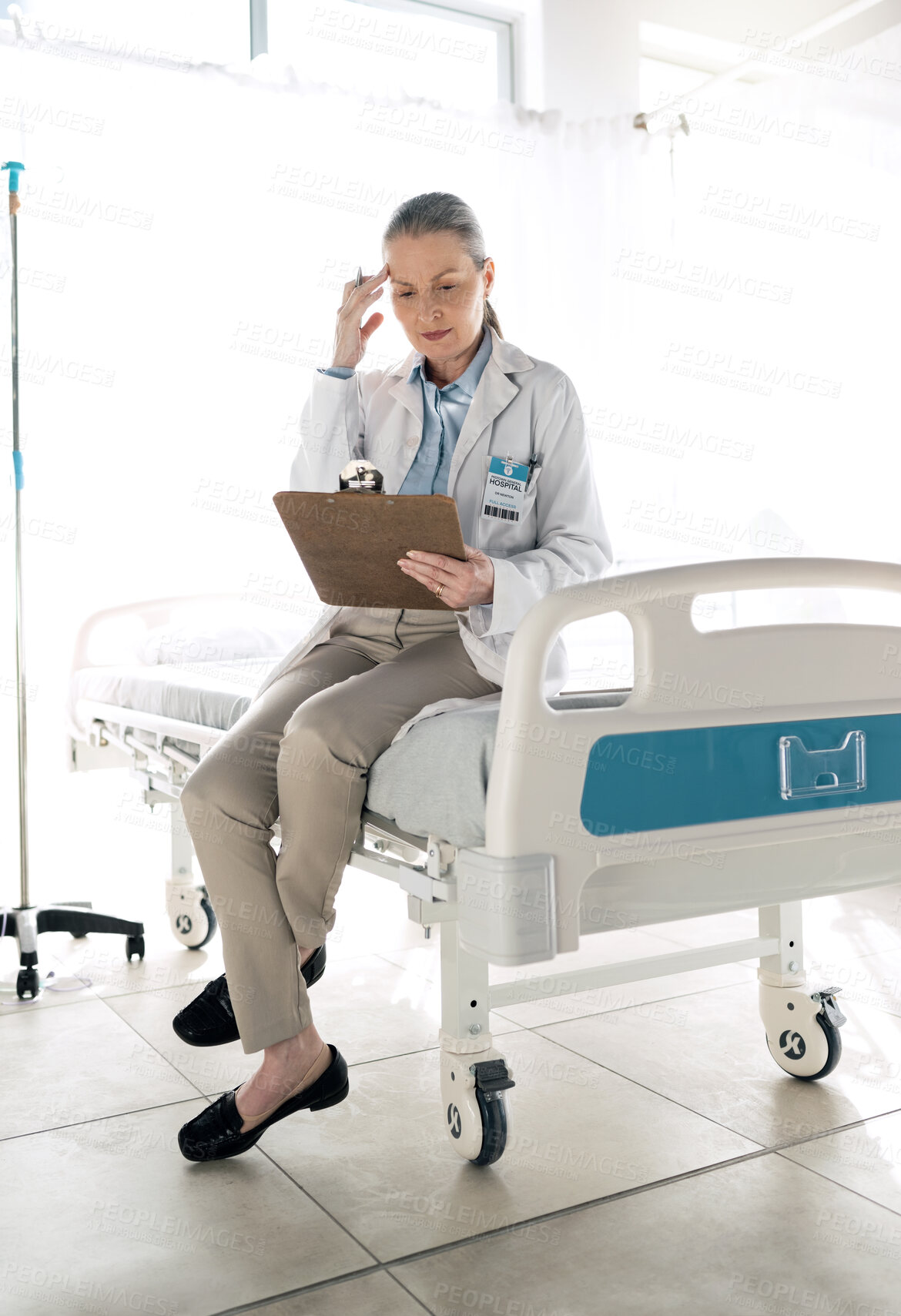 Buy stock photo Healthcare, woman and thinking with clipboard at clinic for patient data, checklist and medical results with notes. Doctor, professional or person with documents for information or planning on chart