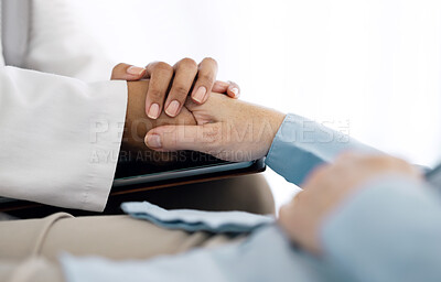 Buy stock photo Hospital, holding hands and doctor with patient for care, comfort and empathy for diagnosis news. Healthcare consulting, clinic and health worker with person for support, wellness and medical results