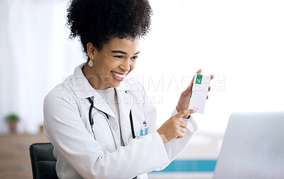 Buy stock photo Woman, doctor and laptop for video call, drugs and advice with telehealth, product and package in clinic office. Medic, nurse or pharmacist with box, pills and happy for consultation with computer