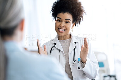 Buy stock photo Hospital, consulting and doctor with patient for discussion, talking and empathy for diagnosis news. Healthcare, clinic and health worker explain to person for support, wellness and medical results