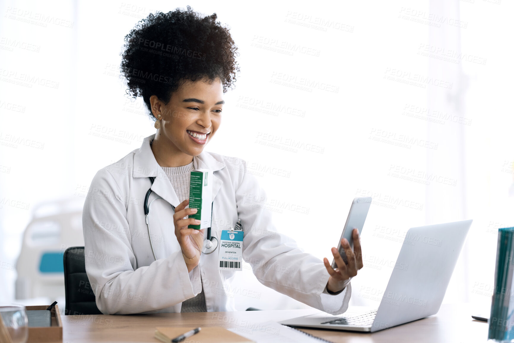 Buy stock photo Doctor, woman and pills in video call or phone communication for healthcare or telehealth service in office. Afrcan person or medical worker with medicine product for virtual consultation on mobile