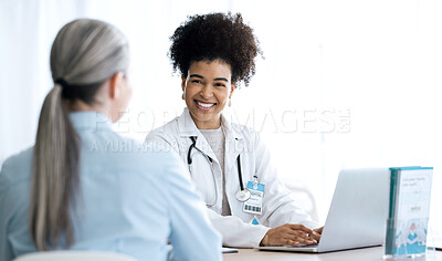 Buy stock photo Doctor, woman and laptop for healthcare support, hospital services and patient history, charts or results in office. Medical professional and client on computer for consultation information or advice