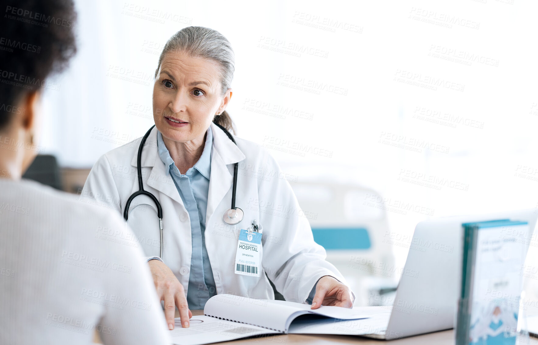 Buy stock photo Doctor, woman and documents for healthcare consultation, hospital support and patient charts, history or test results. Medical professional and client with folder, paperwork and discussion in office