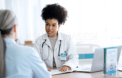 Buy stock photo Doctor, woman and patient folder in healthcare consultation, hospital support and advice for test results. Client and medical professional with documents folder, paperwork and discussion in office