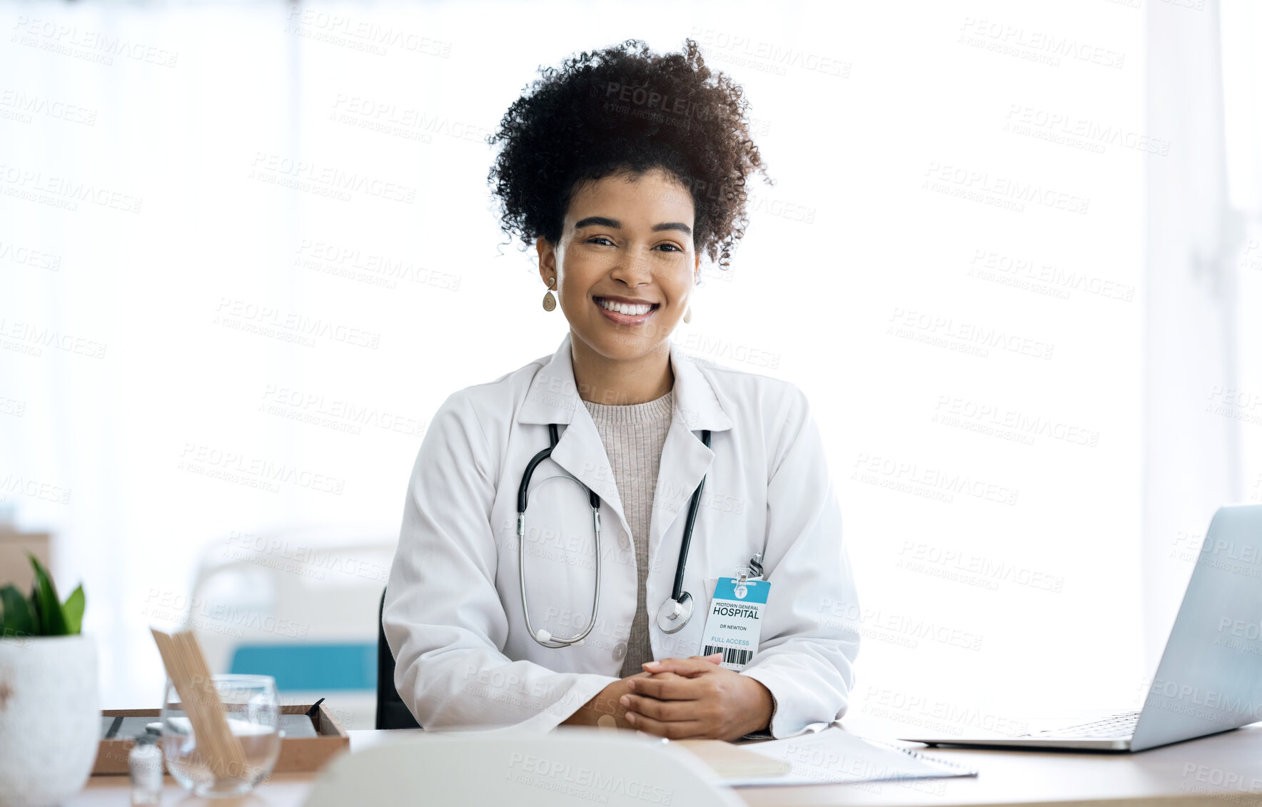 Buy stock photo Professional, office and portrait of woman doctor at medical administration desk for medicine information and working. Confident, healthcare and happy worker with smile at surgeon table for insurance