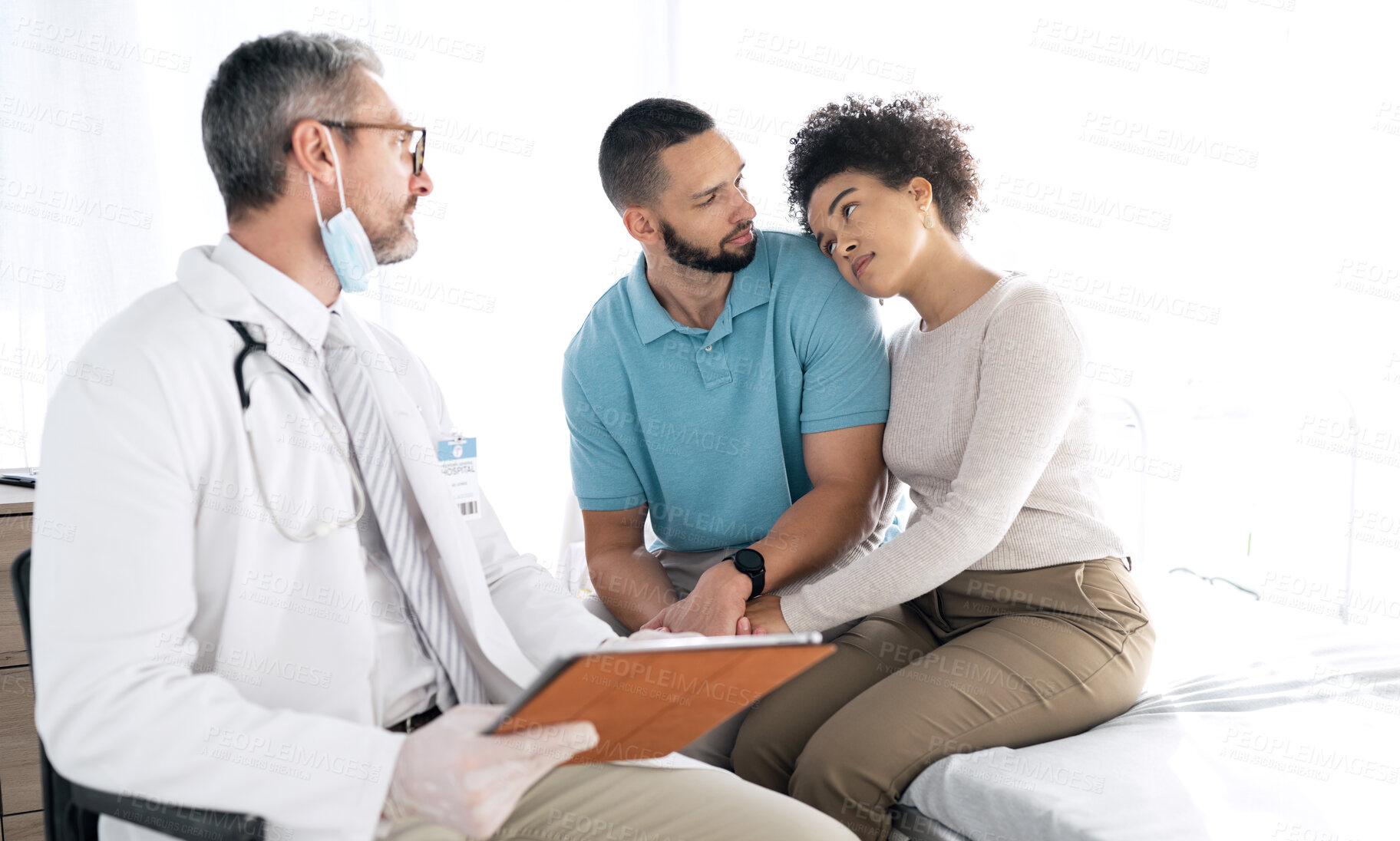 Buy stock photo Doctor consultation, problem and couple sad over bad online results, gynecology news or medicine healthcare fail. Clinic gynecologist, marriage people or medical surgeon support, help or empathy care