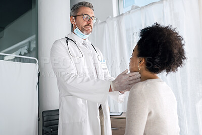 Buy stock photo Clinic, people and doctor check neck, examine throat or helping patient with vocal injury, tonsils infection or lymph node. Healthcare, hospital consultation aid and medical expert support for client