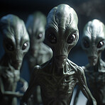 Alien attack or abduction or in a UFO space ship, visitor or scary world or universe with invasion, technology and martians. A close up or portrait of aliens for horror, strange and special effects. 