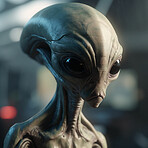 Alien attack or abduction or in a UFO space ship, visitor or scary world or universe with invasion, technology and martians. A close up or portrait of aliens for horror, strange and special effects. 