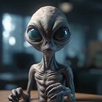 Alien attack or abduction or in a UFO space ship, visitor or scary world or universe with invasion, technology and martians. A close up or portrait of aliens for horror, strange and special effects. 