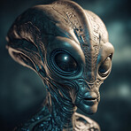 Alien attack or abduction or in a UFO space ship, visitor or scary world or universe with invasion, technology and martians. A close up or portrait of aliens for horror, strange and special effects. 