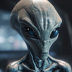 Alien attack or abduction or in a UFO space ship, visitor or scary world or universe with invasion, technology and martians. A close up or portrait of aliens for horror, strange and special effects. 