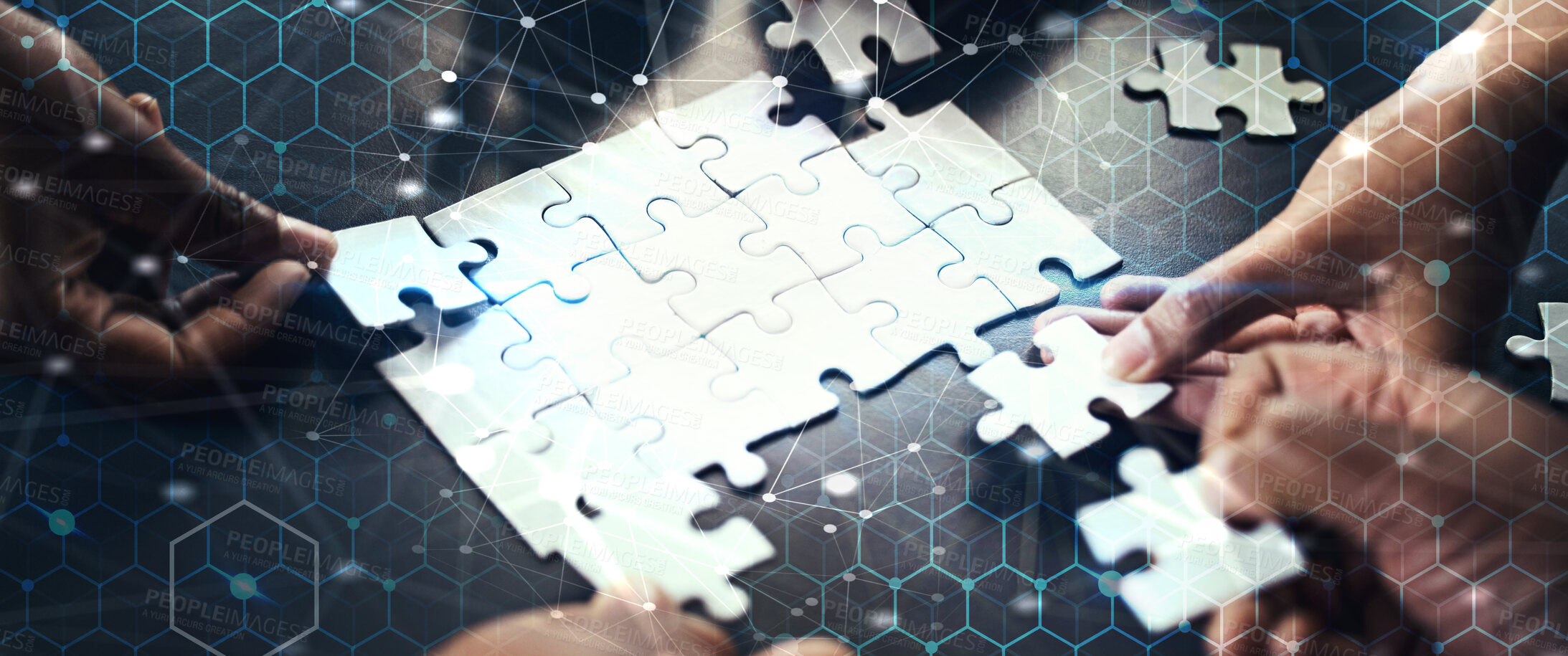 Buy stock photo Collaboration, business and hands with puzzle in overlay at workshop, hexagon grid and corporate connectivity. Digital hologram, teamwork and cooperation with networking, ideas and problem solving.