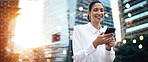 Overlay, city and woman with a smartphone, business and connection with social media, post and typing. Happy person outdoor, employee or worker with a cellphone, digital app or banner with lens flare