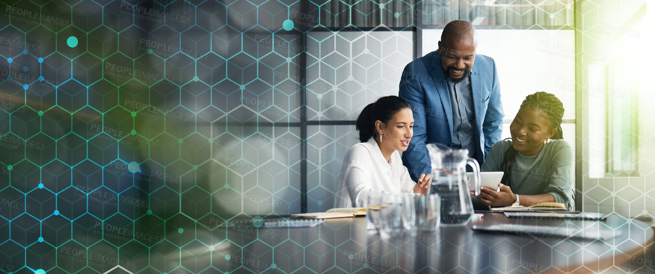 Buy stock photo Happy, business people or group with teamwork, overlay and tablet with support, planning or cooperation. Staff, manager or employee with banner, innovation or tech with collaboration or brainstorming