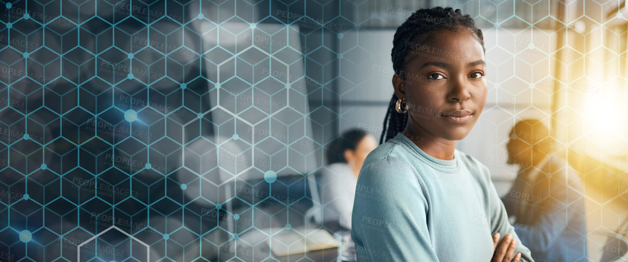 Buy stock photo Portrait, employee and black woman with a banner, arms crossed and startup with innovation, career and success. Face, African person and consultant with overlay, lens flare and corporate professional