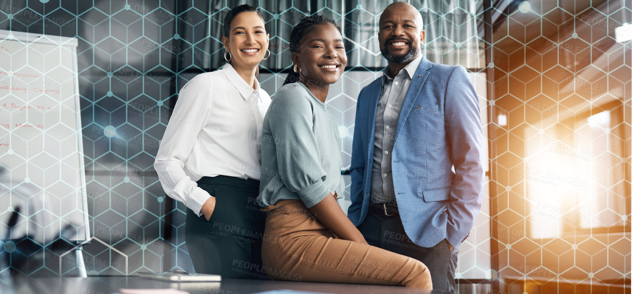 Buy stock photo Portrait, business people and group with teamwork, overlay and solidarity with development, innovation and lens flare. Staff, manager and employee with banner, innovation and cooperation with support