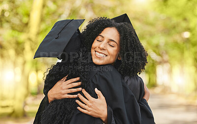 Buy stock photo Support, graduation and women outdoor, hug and happiness with celebration, diploma and degree. People, students and friends embrace, education and outside with excellence, achievement and university