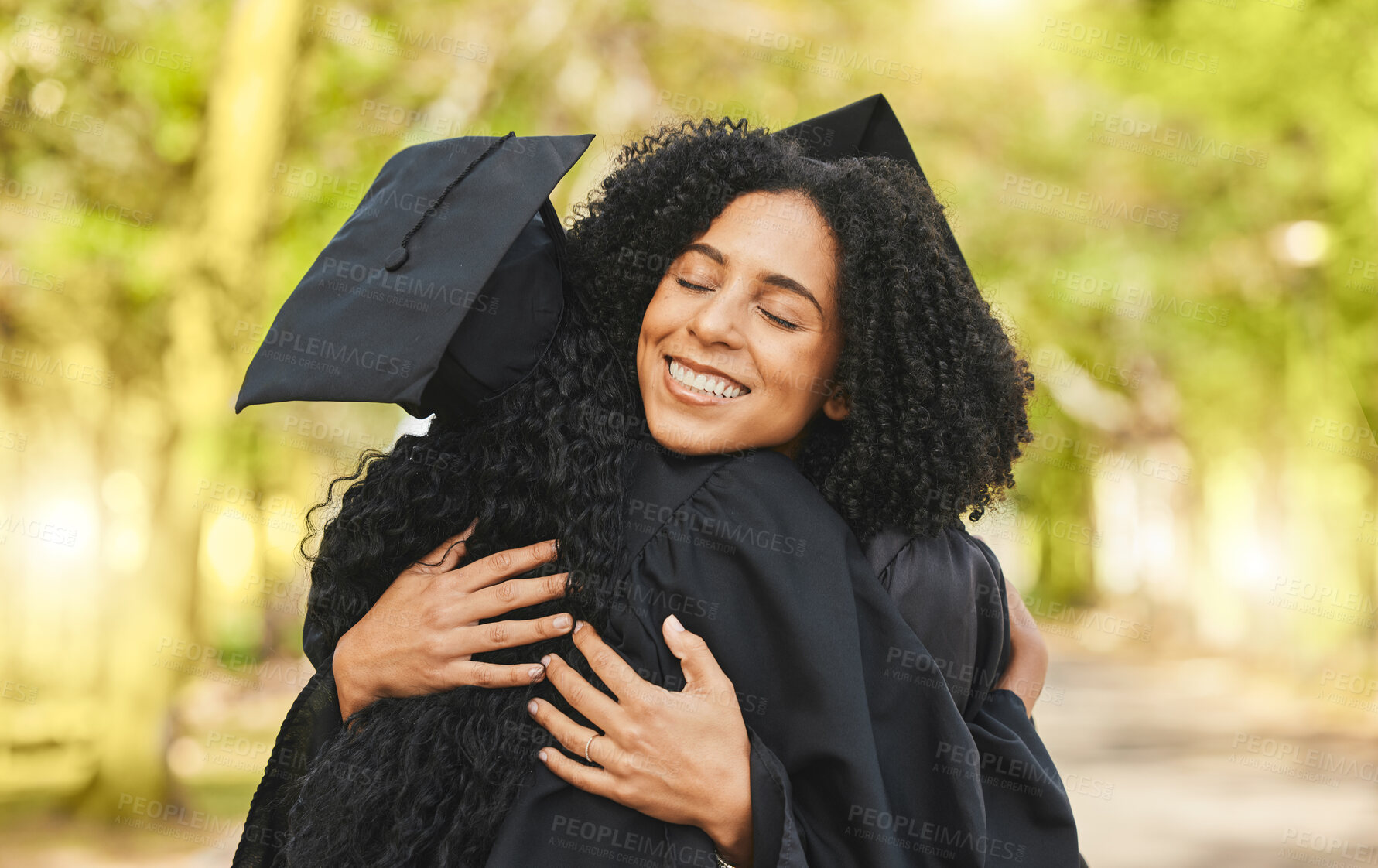 Buy stock photo Support, graduation and women outdoor, hug and happiness with celebration, diploma and degree. People, students and friends embrace, education and outside with excellence, achievement and university