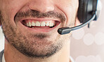 Microphone, mouth or happy man consultant in call center talking or networking online in a telecom office. Smile, closeup or friendly sales agent in communication or conversation at customer services