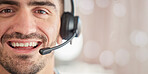 Portrait, mockup or happy man consultant in call center talking or networking online in a telecom office. Smile, bokeh or face of sales agent in communication or conversation at customer services