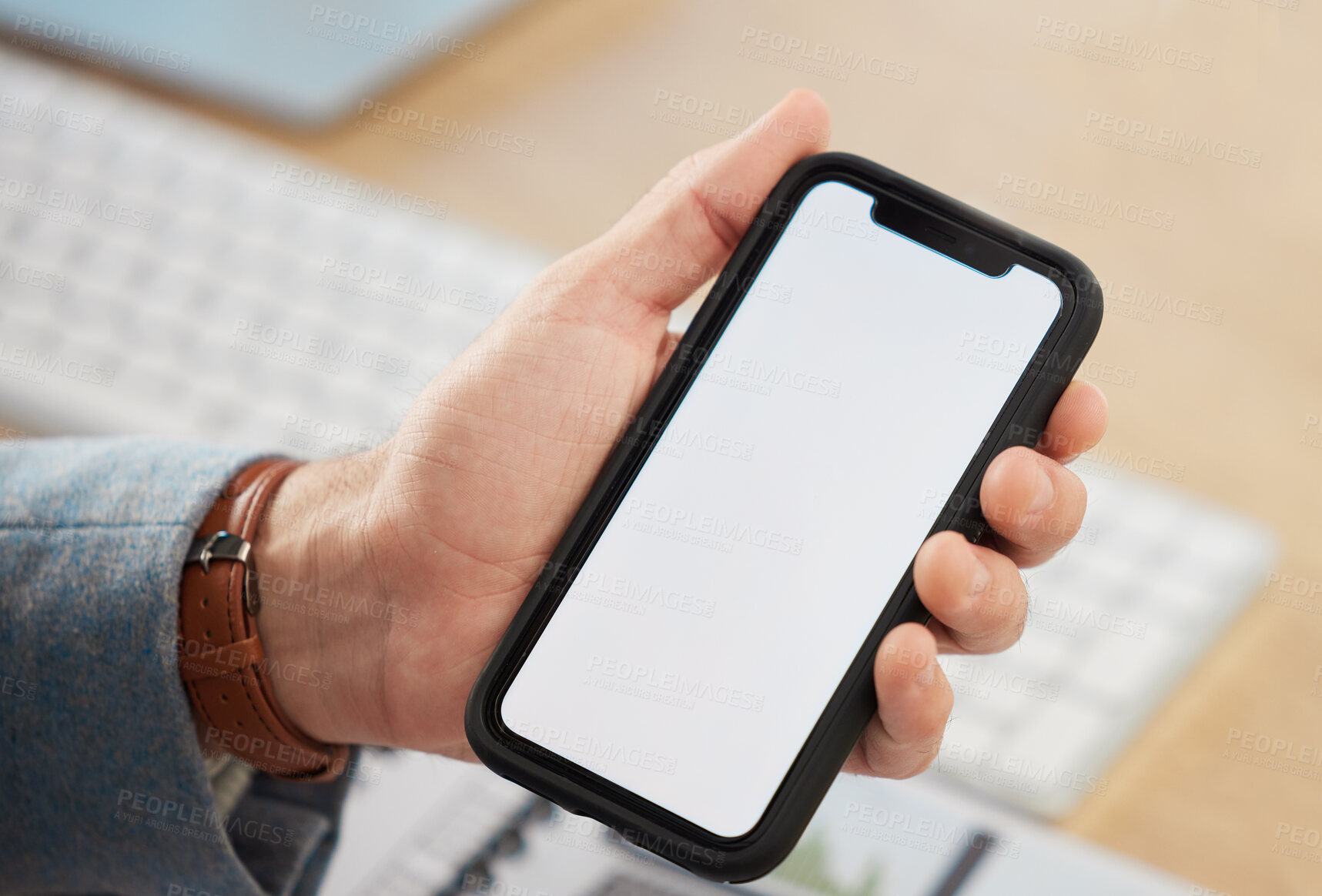 Buy stock photo Screen, hands or businessman with phone or mockup on white background on social media for offer. Discount, closeup or person showing mobile app promo, website or online tech mock up space in office