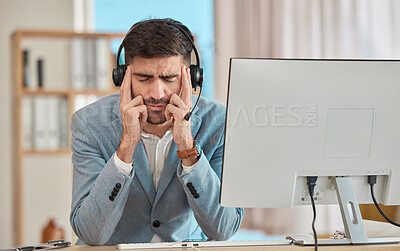 Buy stock photo Consultant, telemarketing and man with a headache, burnout and computer with call center. Person, employee or insurance agent with a migraine, pc and tension with stress, tech support or health issue