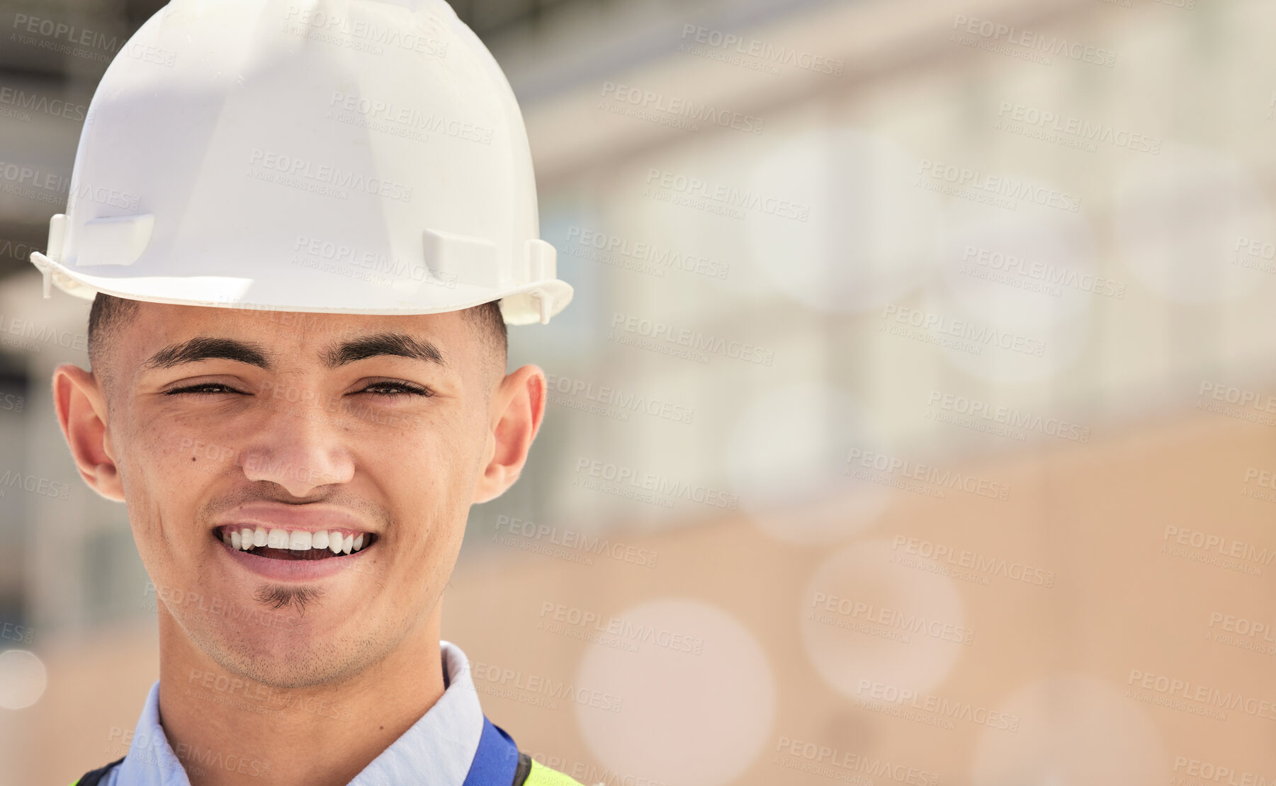 Buy stock photo Happy, man and portrait of construction inspection of building, site or industrial development with safety. Industry, worker and face of contractor and builder with happiness at warehouse or work