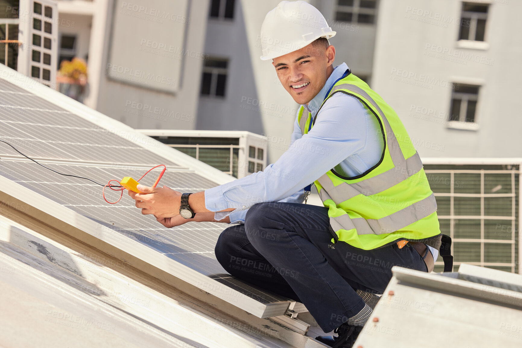 Buy stock photo Portrait, engineer and man with solar panel, clean energy and construction with a hard hat, industry or smile. Worker, employee or technician with installation, innovation or sustainability on a roof