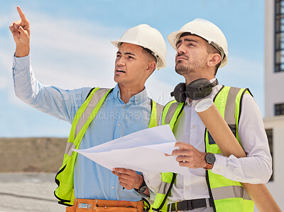 Buy stock photo Industrial, blueprint and team of construction workers in the city planning maintenance or repairs on rooftop. Engineering, discussion and men industry employees in collaboration working on building.