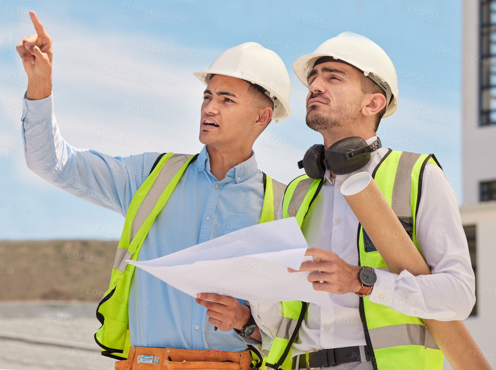 Buy stock photo Industrial, blueprint and team of construction workers in the city planning maintenance or repairs on rooftop. Engineering, discussion and men industry employees in collaboration working on building.