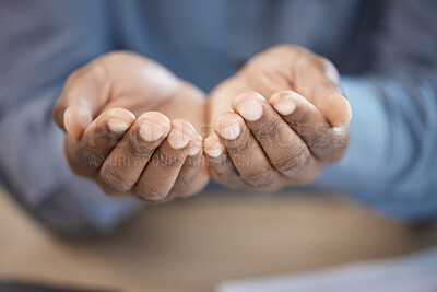 Buy stock photo Black man, hands and help for charity, poverty and donation request to support community with legal fees or money. Poor, person and gesture for asking or begging for kindness, aid or free care